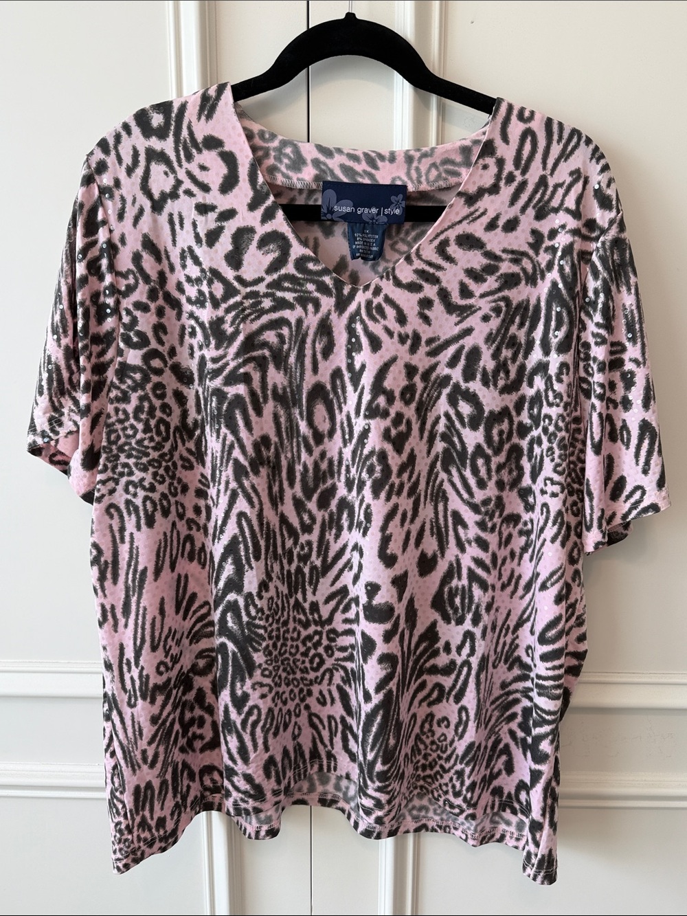 Susan Graver Pink and Gray Animal-Print V-Neck Short Sleeve Top